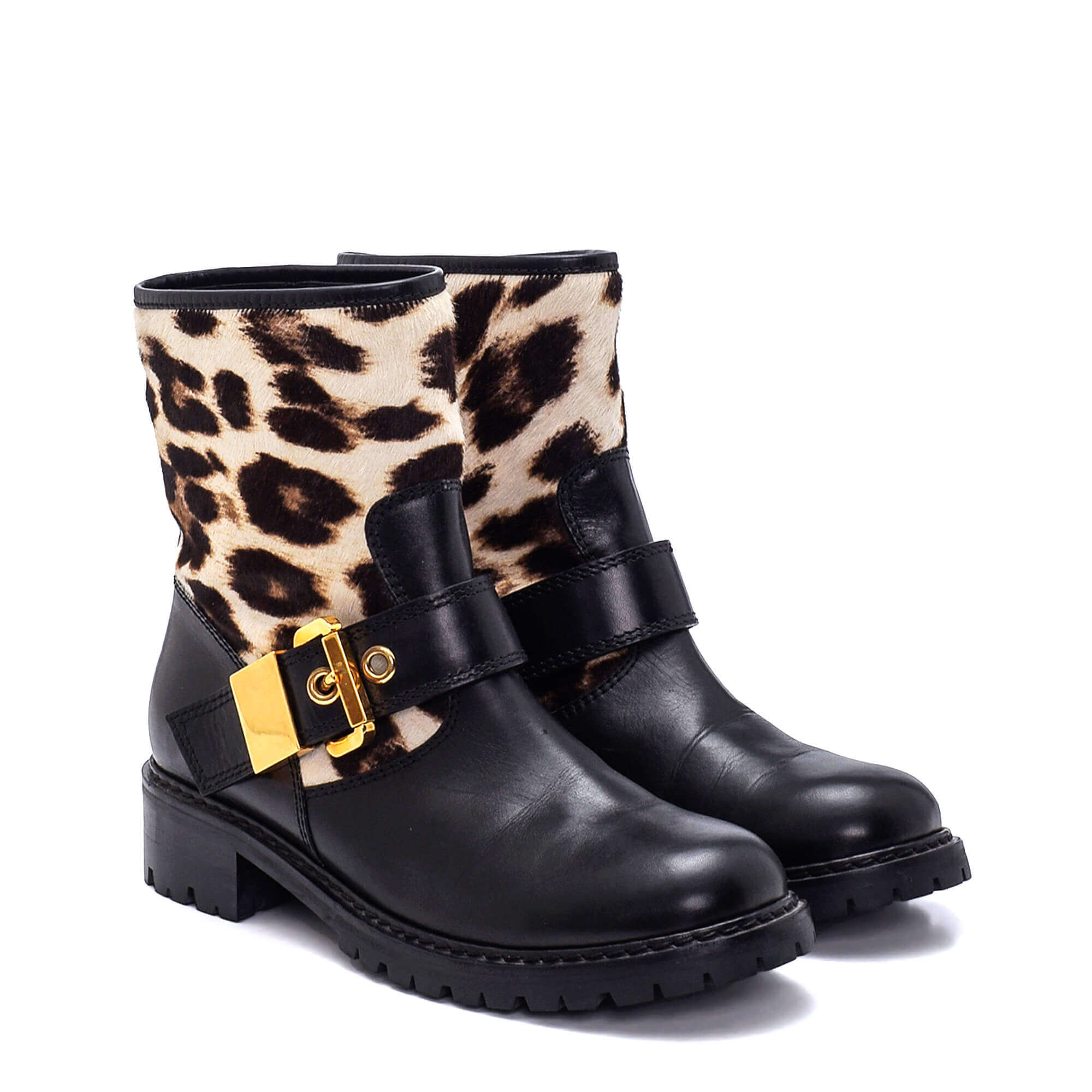 Giuseppe Zanotti - Black Leather Gold Tone Buckle Leopard Detail Boots